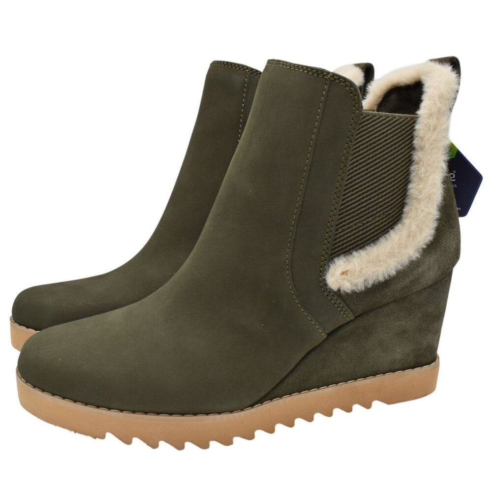 Toms Womens Size 9.5 Maddie Olive Leather Wedge Chelsea Boots Shoes